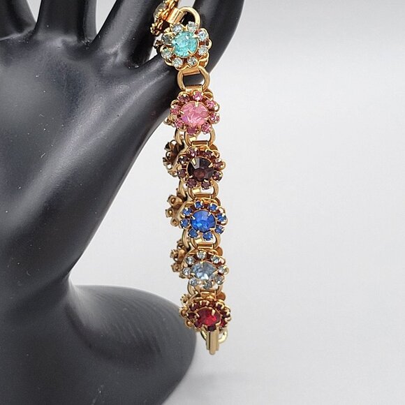 Vintage Gold Tone Tourmaline Stone Flower Link Bracelet Fold Over Clasp - Picture 2 of 8